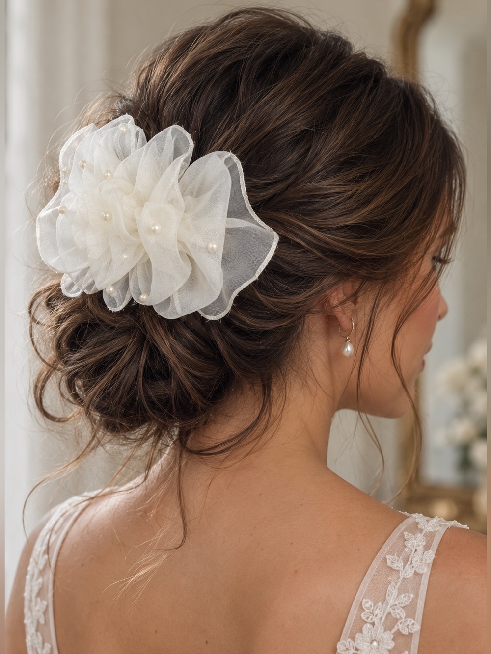 Vintage Bridal Barrette Ivory Organza Pearl Wedding Hair Bow 7” NOS hairpiece